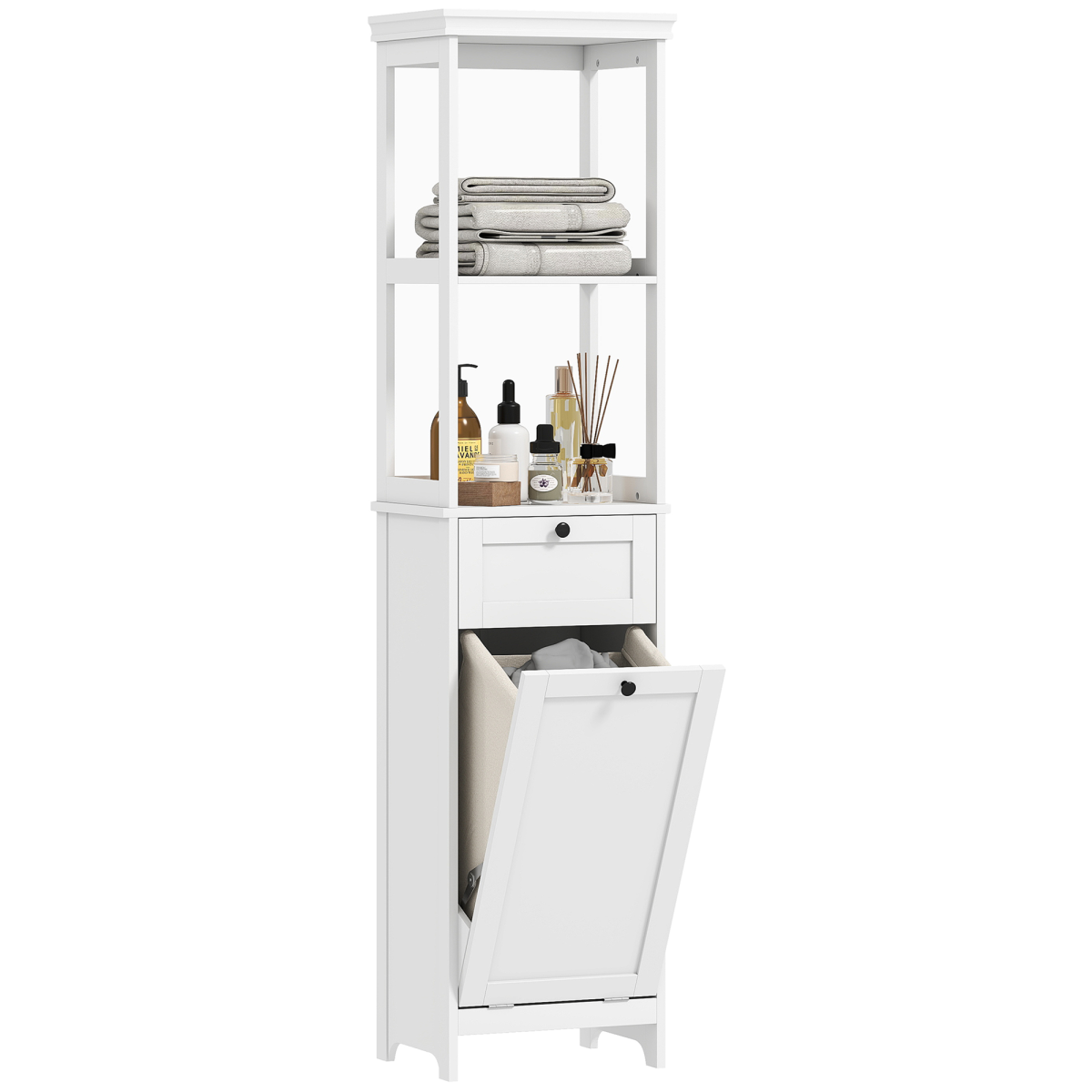 HOMCOM Slim White Bathroom Storage Cabinet with Tilt-Out Hamper