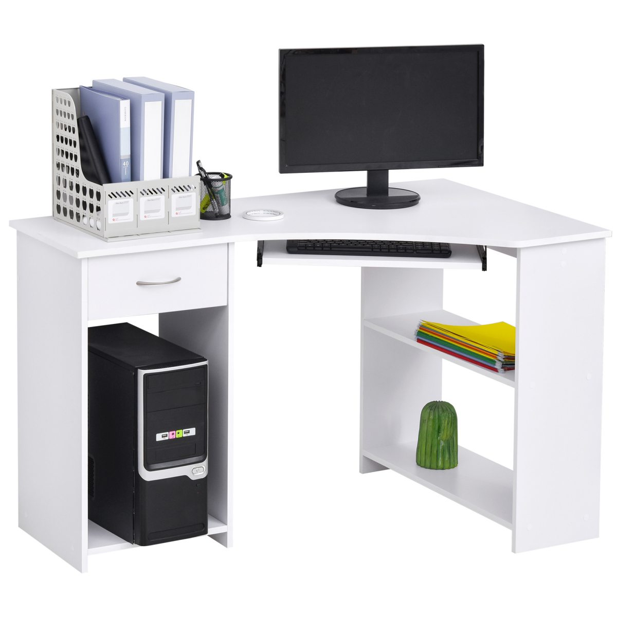 L-Shaped Corner Computer Desk with 2 Shelves, Drawer and Keyboard Tray - White