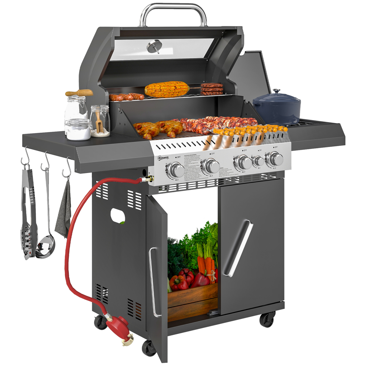 Outsunny 4+1 Burner Gas BBQ Grill with Clear View Lid & Thermometer