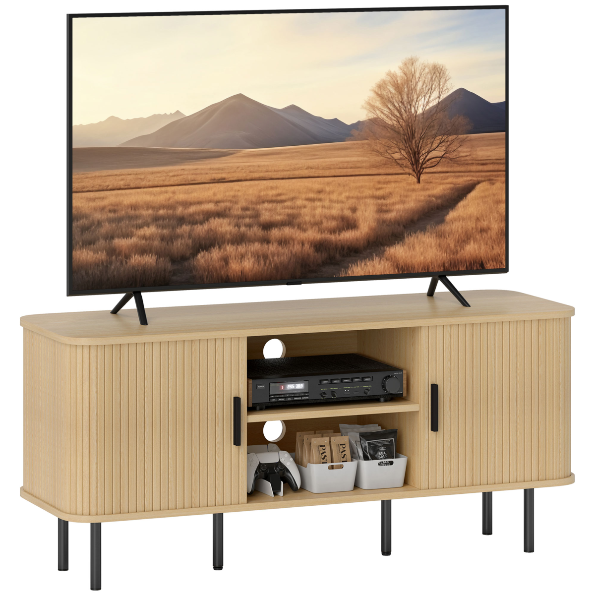 HOMCOM Oak Tone TV Stand with 2 Shelves, 2 Cupboards & Cable Hole