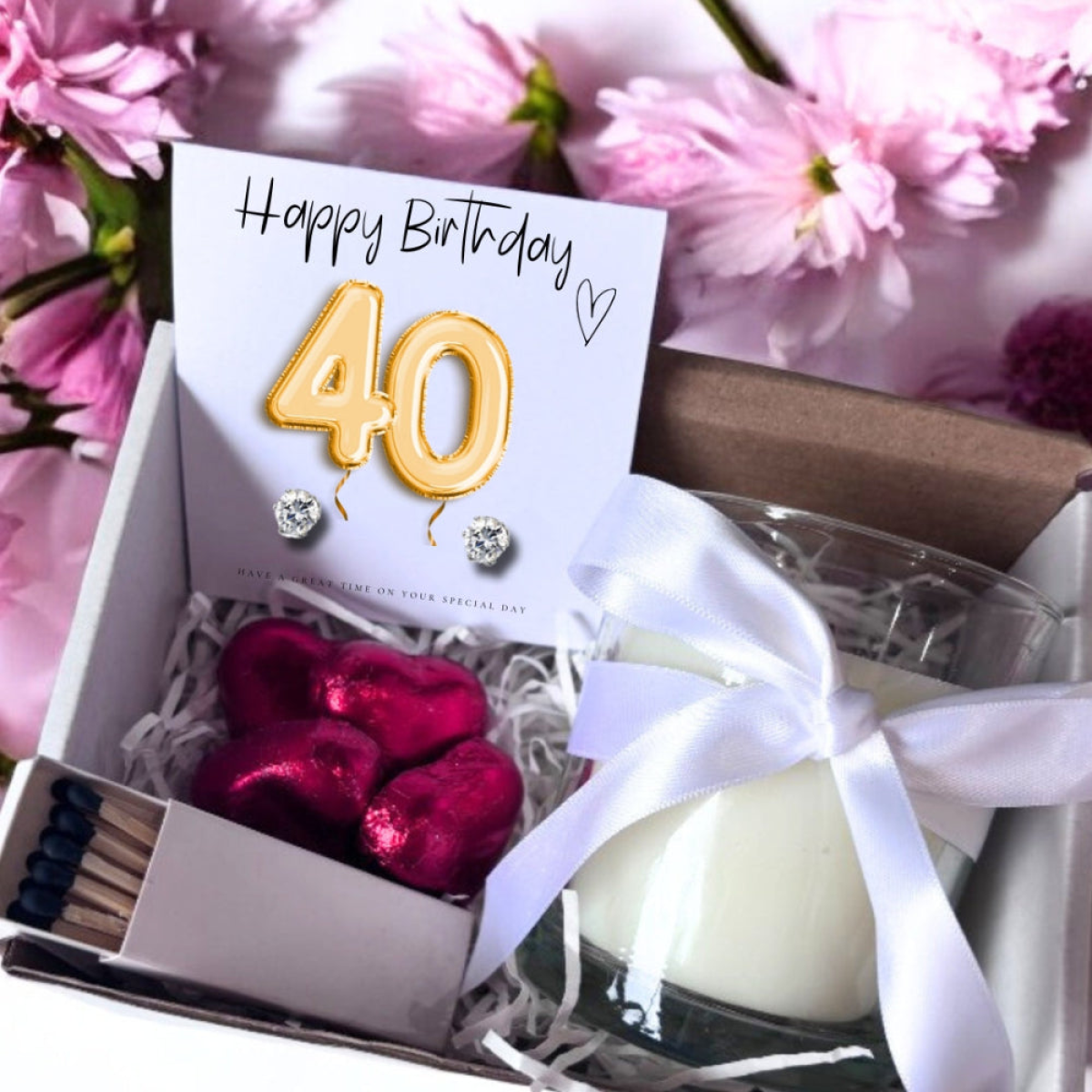 40th Birthday Gold Balloons Gift Hamper with Cubic Zirconia Stud Earrings, Linen Candle, Chocolate Hearts and Matches