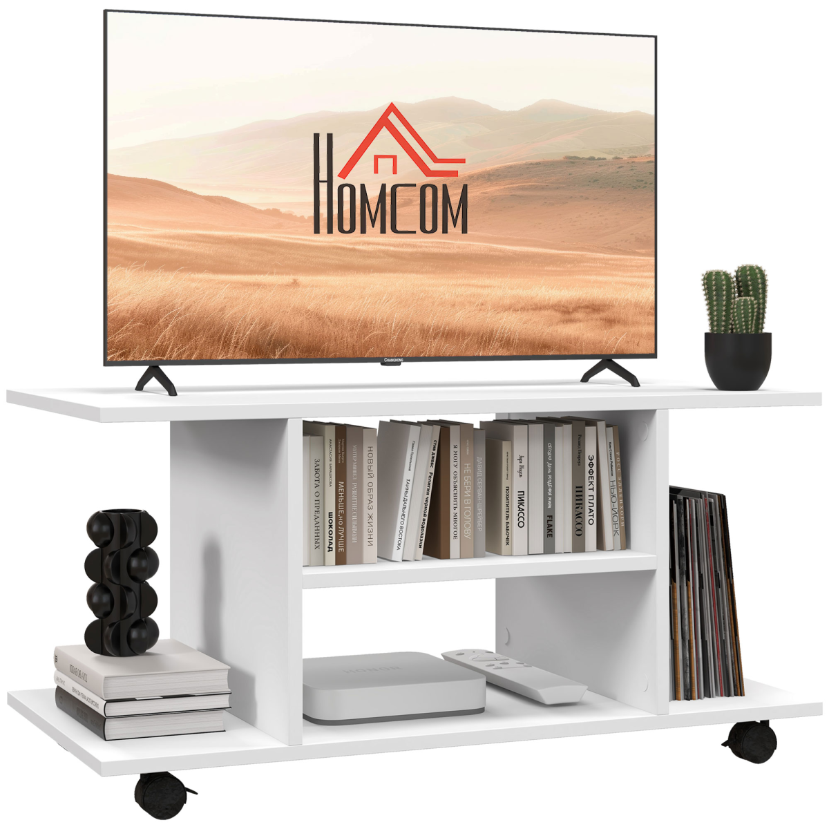 Modern 3-Tier TV Stand Bookshelf Cabinet with Wheels, White
