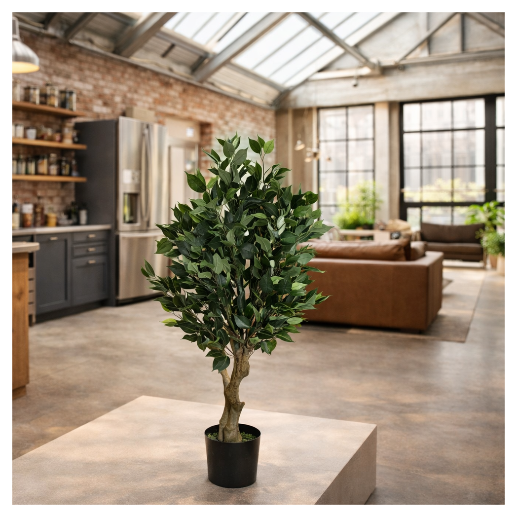 110cm Artificial Realistic Ficus Tree with Natural Trunk and Wired Stems, Potted Display Tree