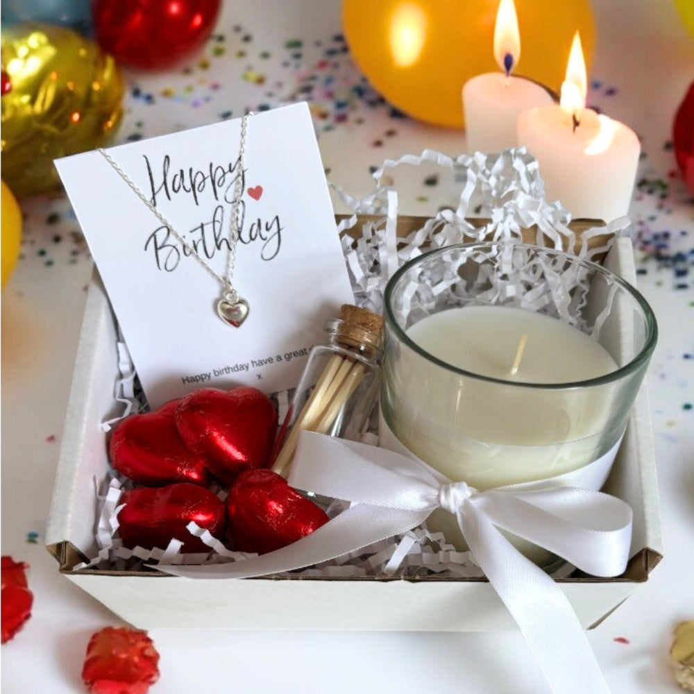 Happy Birthday Gift Hamper with Sterling Silver Heart Necklace, Scented Candle & Chocolate Hearts