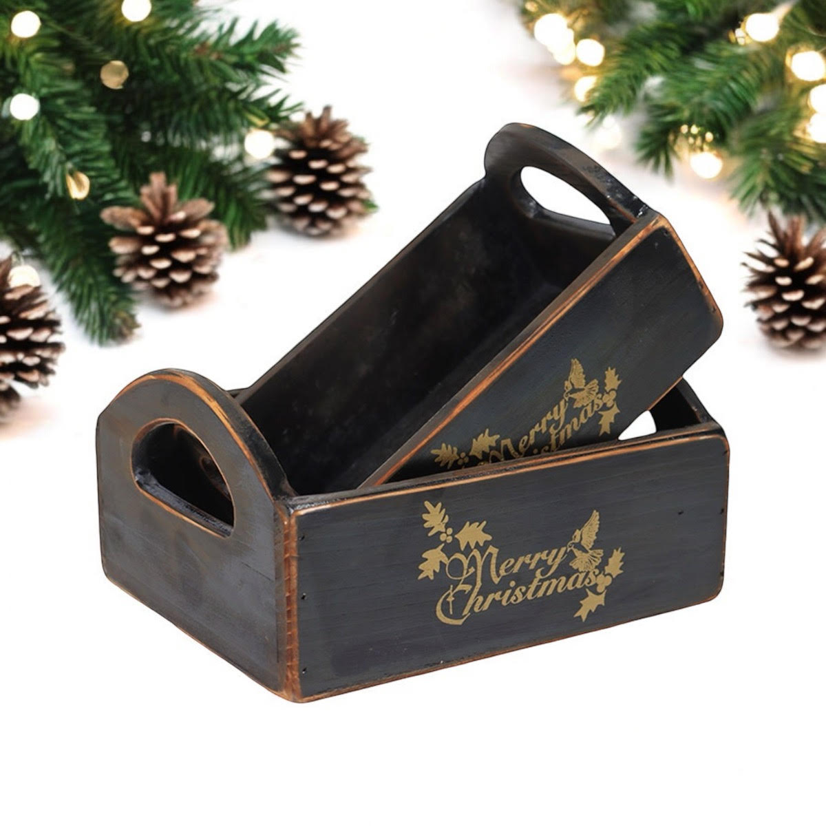 MSL Set of 2 Black Wooden Christmas Crates