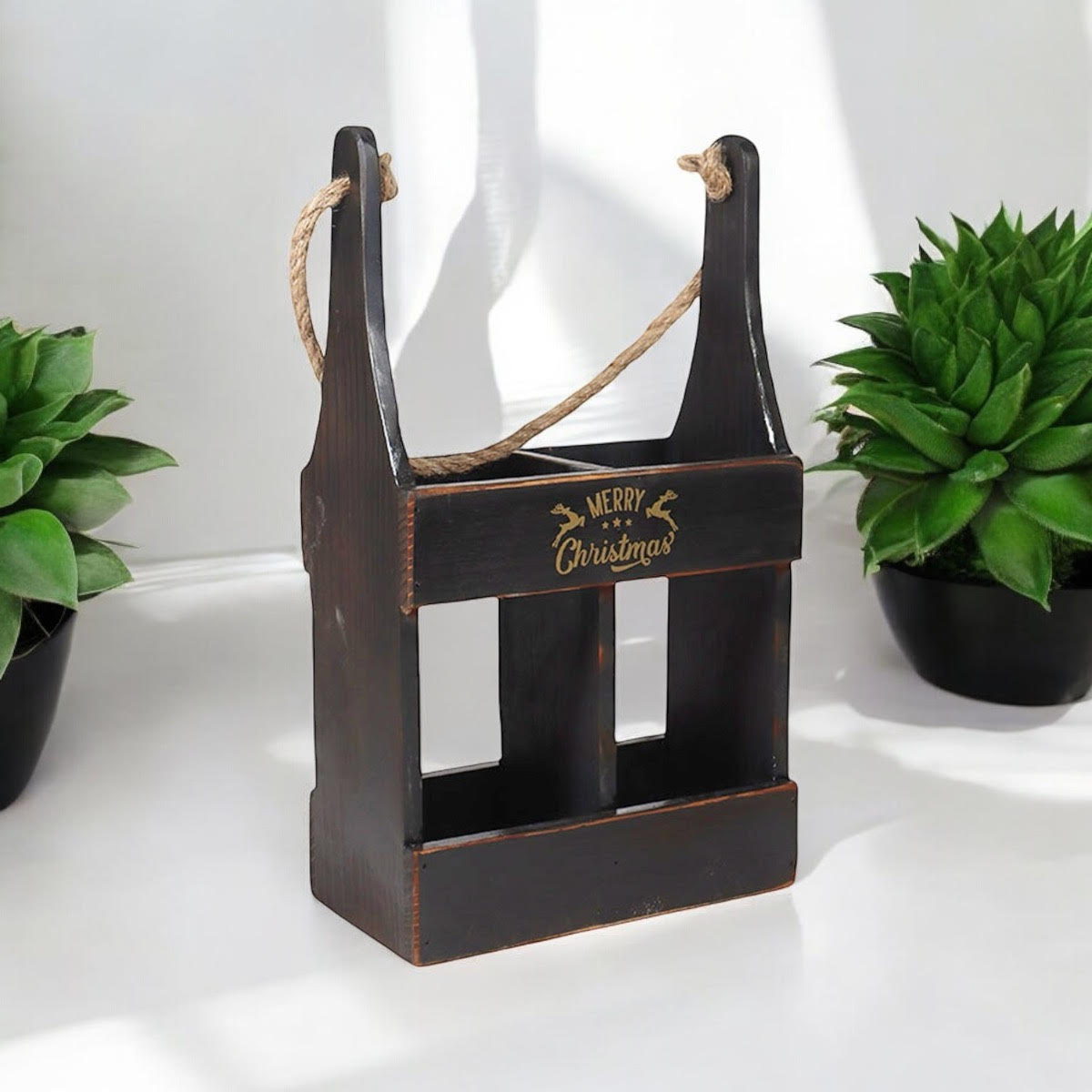 39cm Black Wooden 2 Bottle Hand Finished Wine Caddy