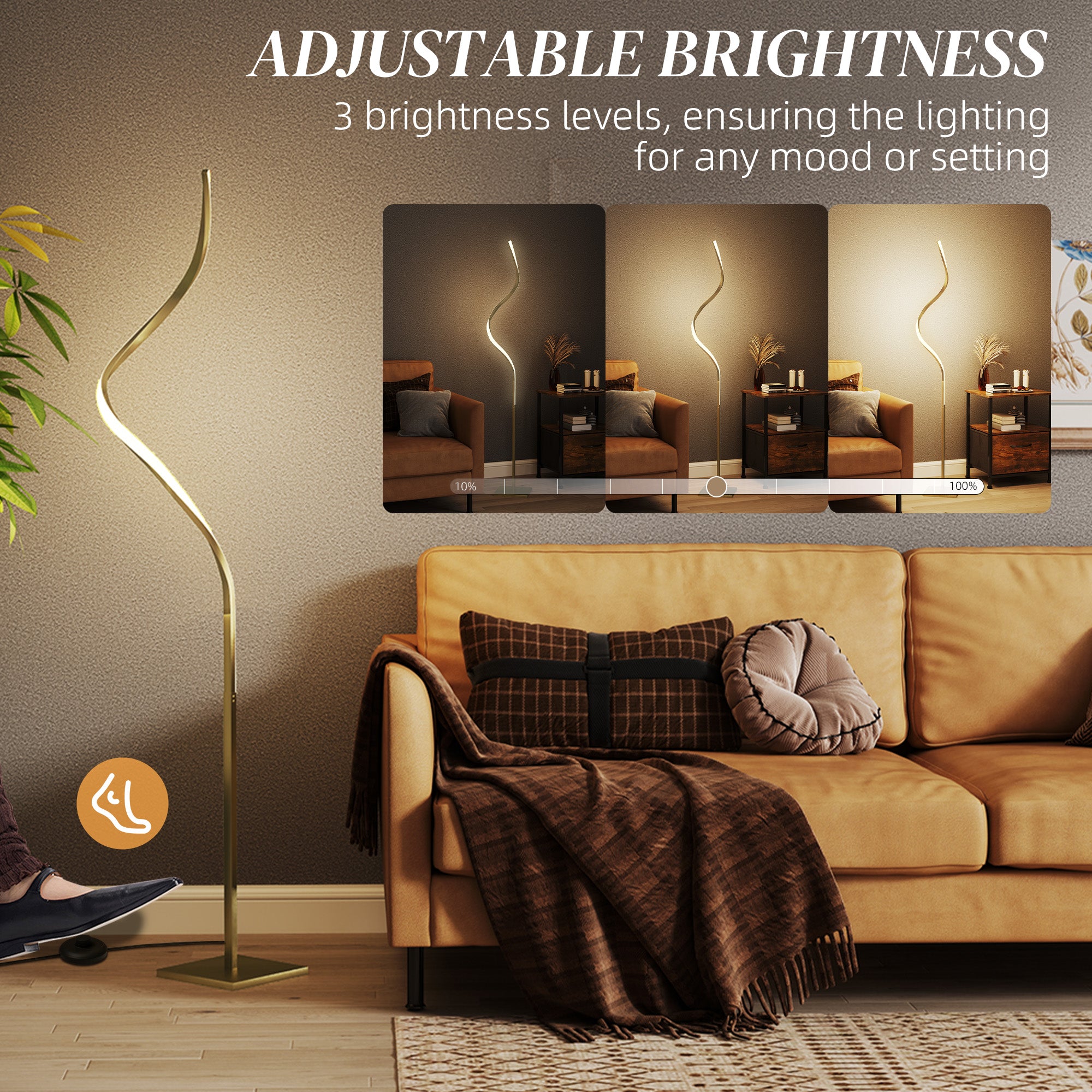 HOMCOM LED Spiral Floor Lamp, 24W Standing Lamp with 3 Adjustable Brightness, Foot Switch, Gold Tone