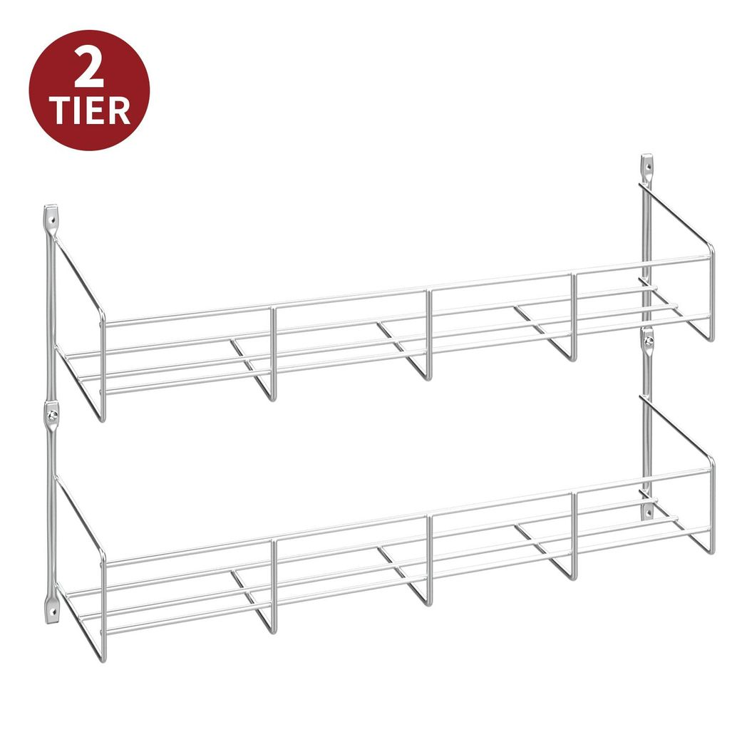 Vinsani 2 Tier Spice Rack Organiser, Wall Mounted Herb and Condiment Storage, Silver, with Adhesive Strips and Screws for Kitchen Cupboard or Pantry