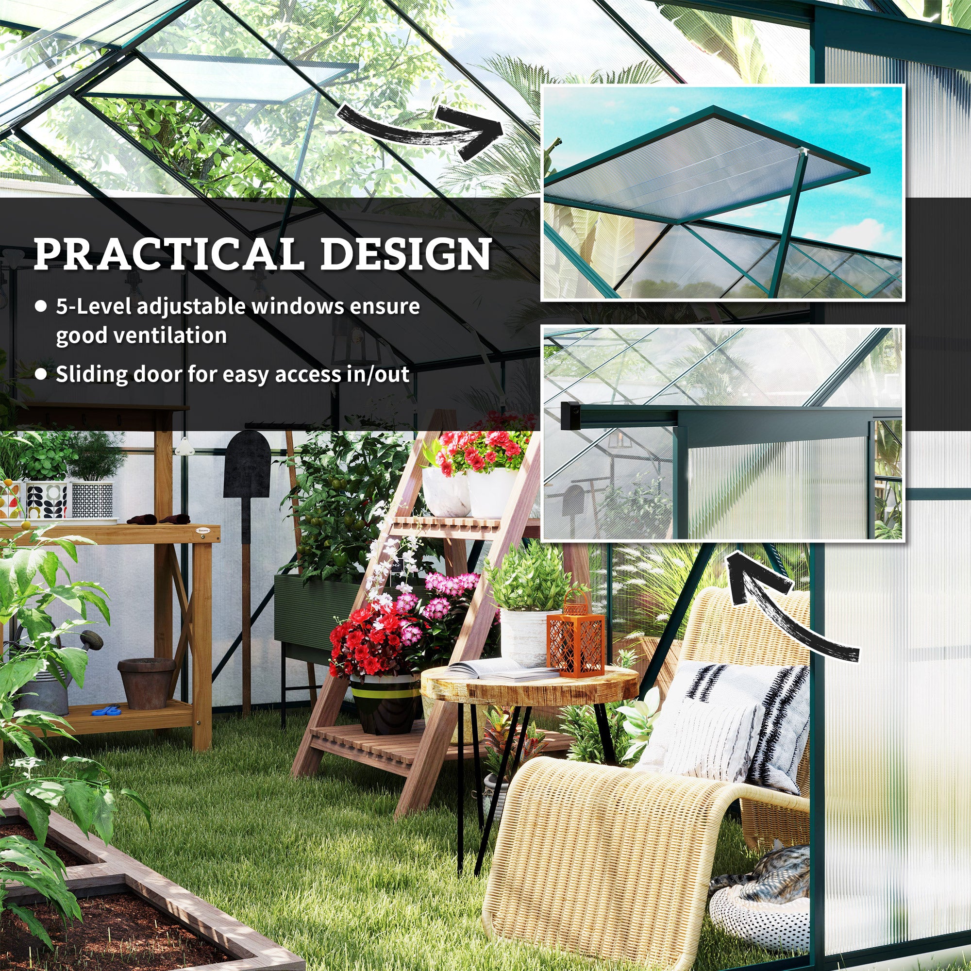 12x8ft Walk-In Polycarbonate Greenhouse with Double Sliding Doors