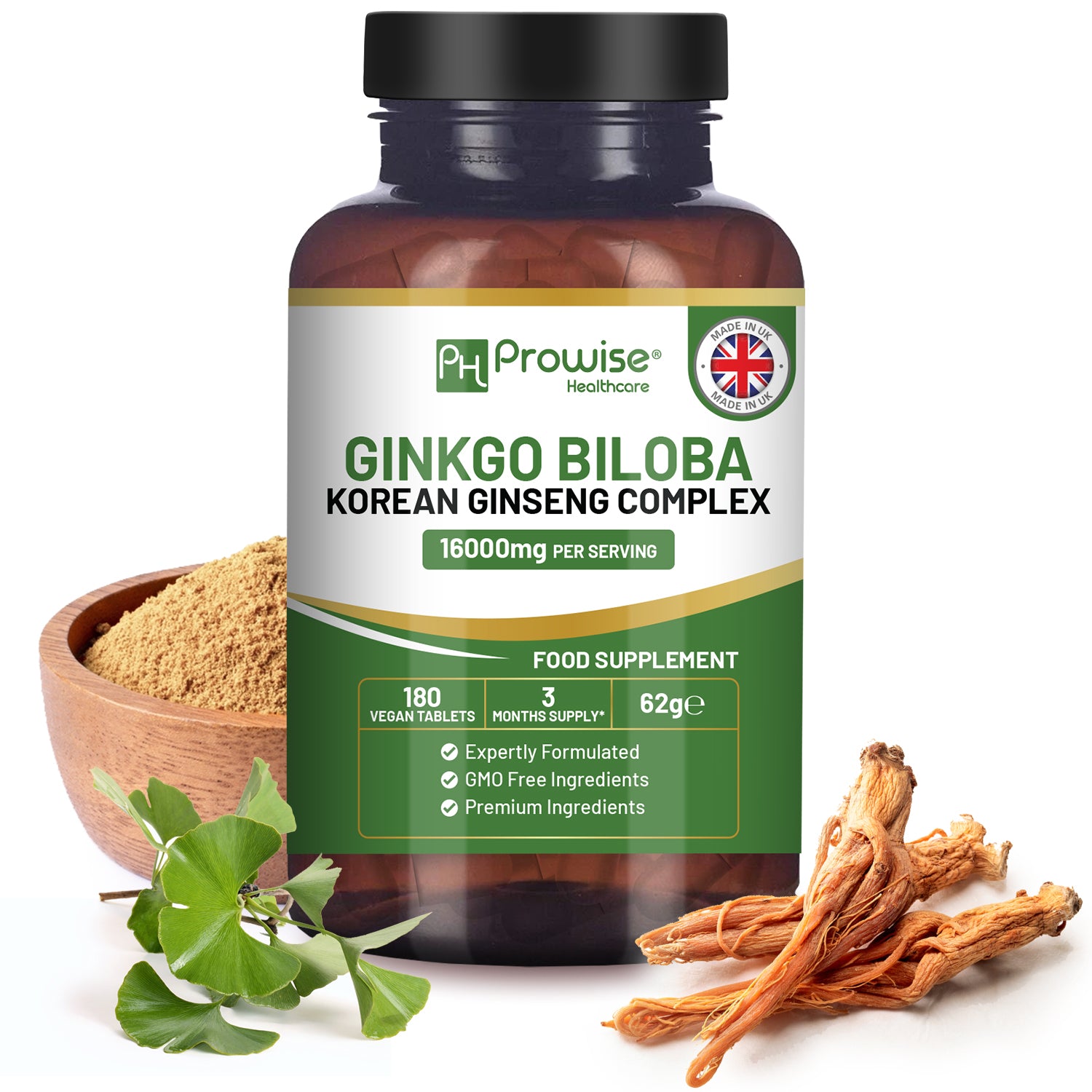 Prowise Ginkgo Biloba & Korean Ginseng 16000mg Vegan Tablets 180
