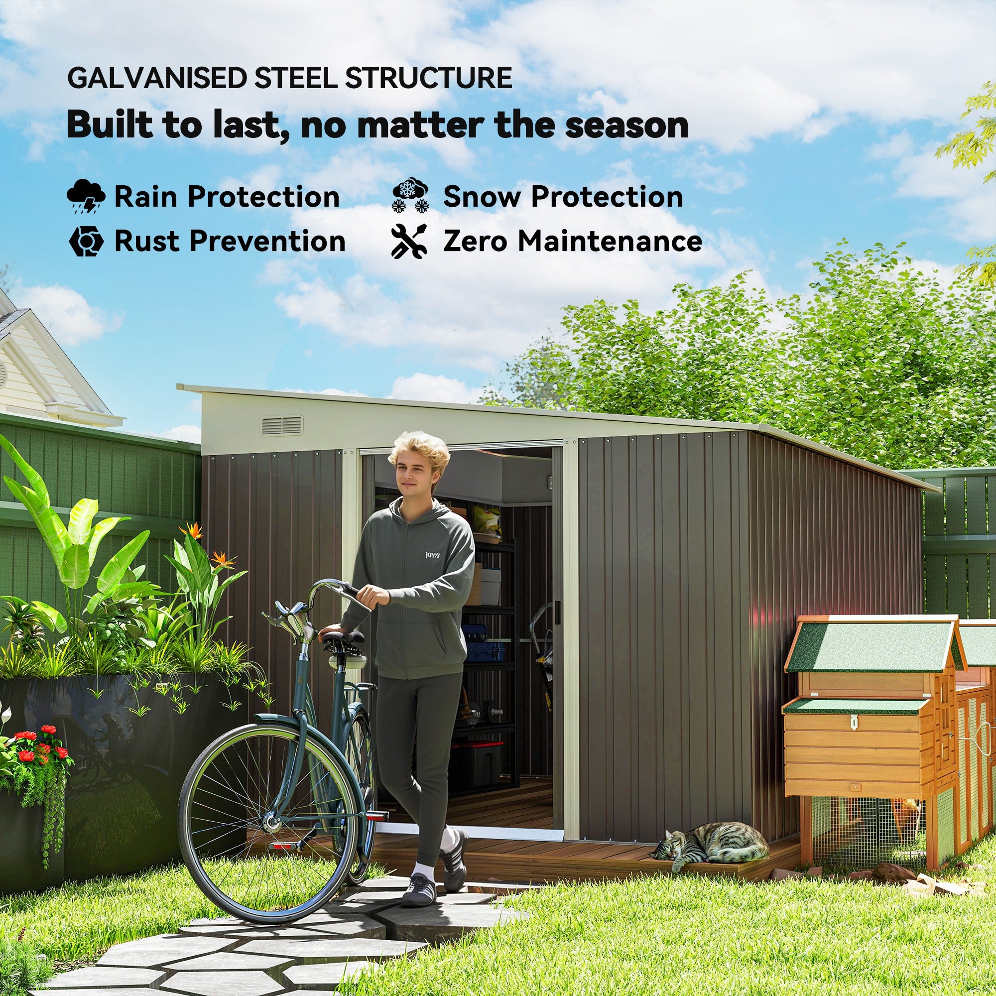 Outsunny 11.3 x 9.2ft Steel Garden Shed with Double Sliding Doors, 2 Air Vents, Grey