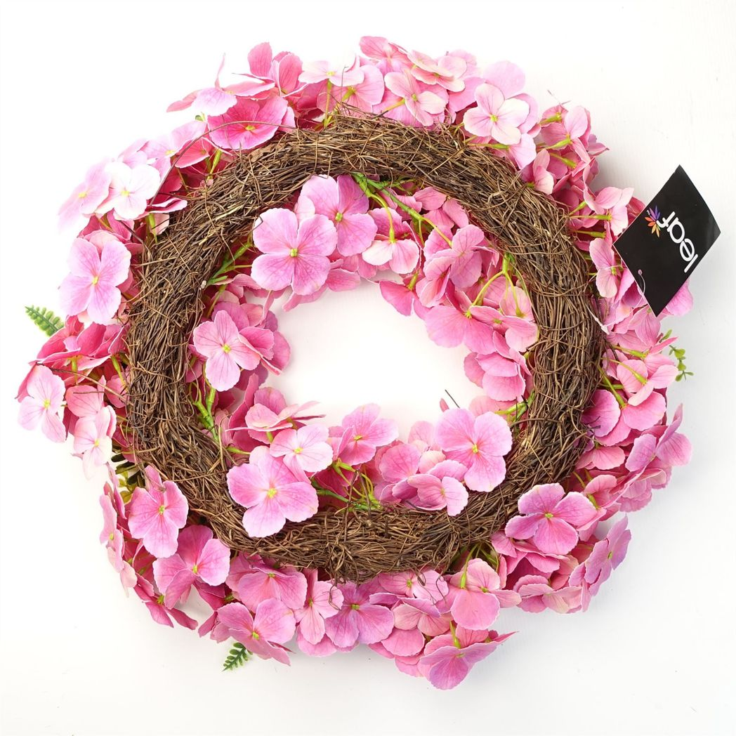 Leaf 40cm Large Artificial Pink Blossom Wreath with Natural Woven Base