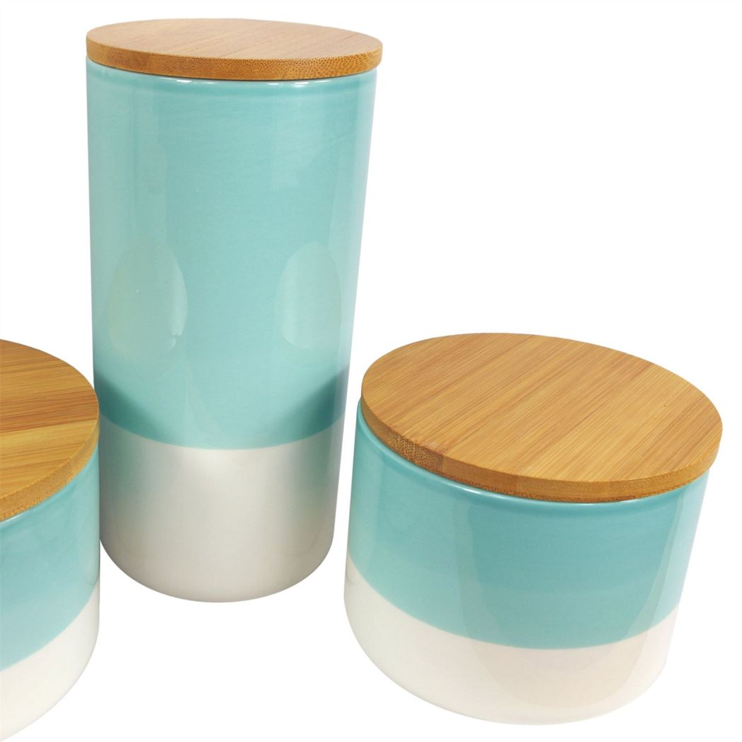 Leaf Set of Three Aqua Green Ceramic Storage Canisters with Bamboo Lids for Tea, Coffee and Sugar