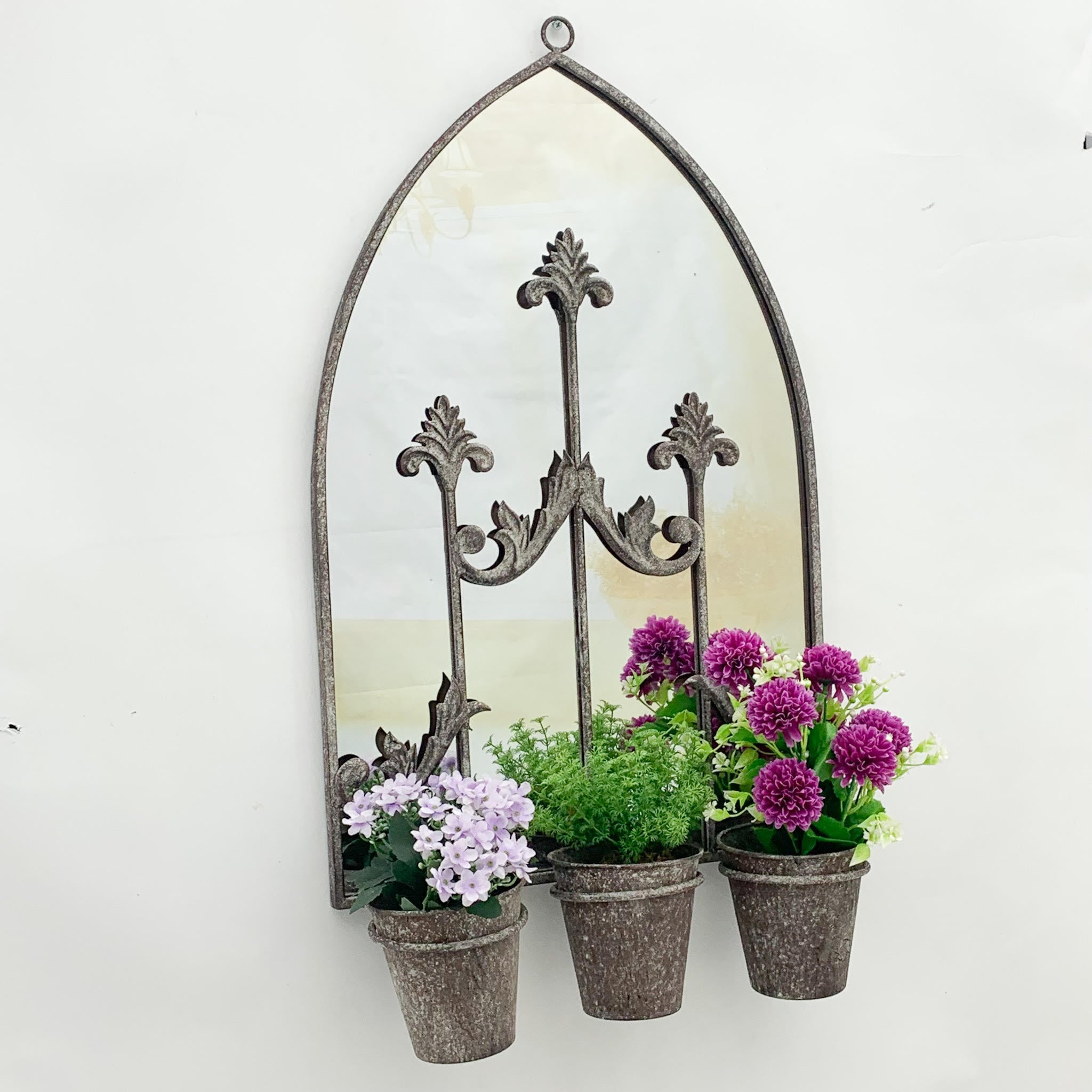 MSL Rusty Wall Mirror with Triple Planter, 60cm, Dark Grey, L15 x W45 x H78 cm