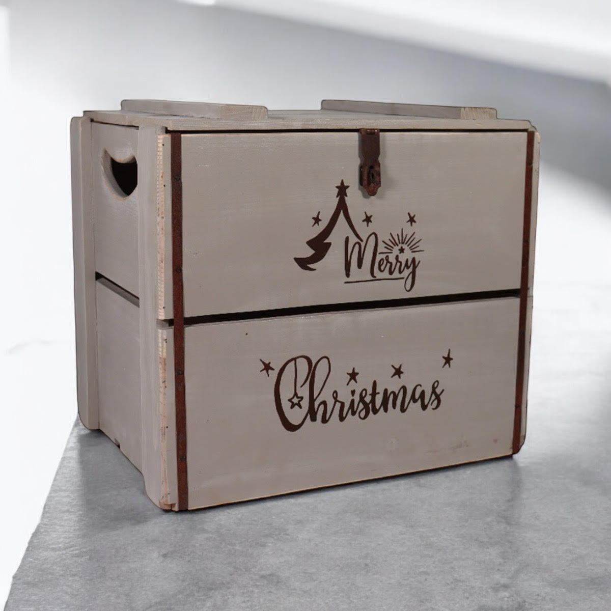 MSL 42cm Rustic Grey Wooden Christmas Box with Lift-Up Lid, Hand Finished