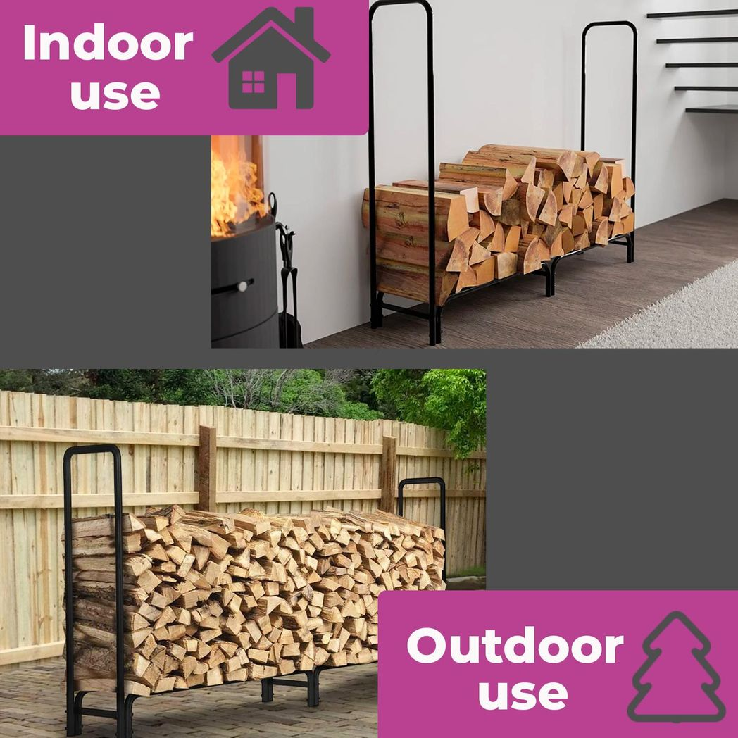 Neo 240cm Outdoor Metal Log Holder Rack with Weather Cover, Black Powder-Coated