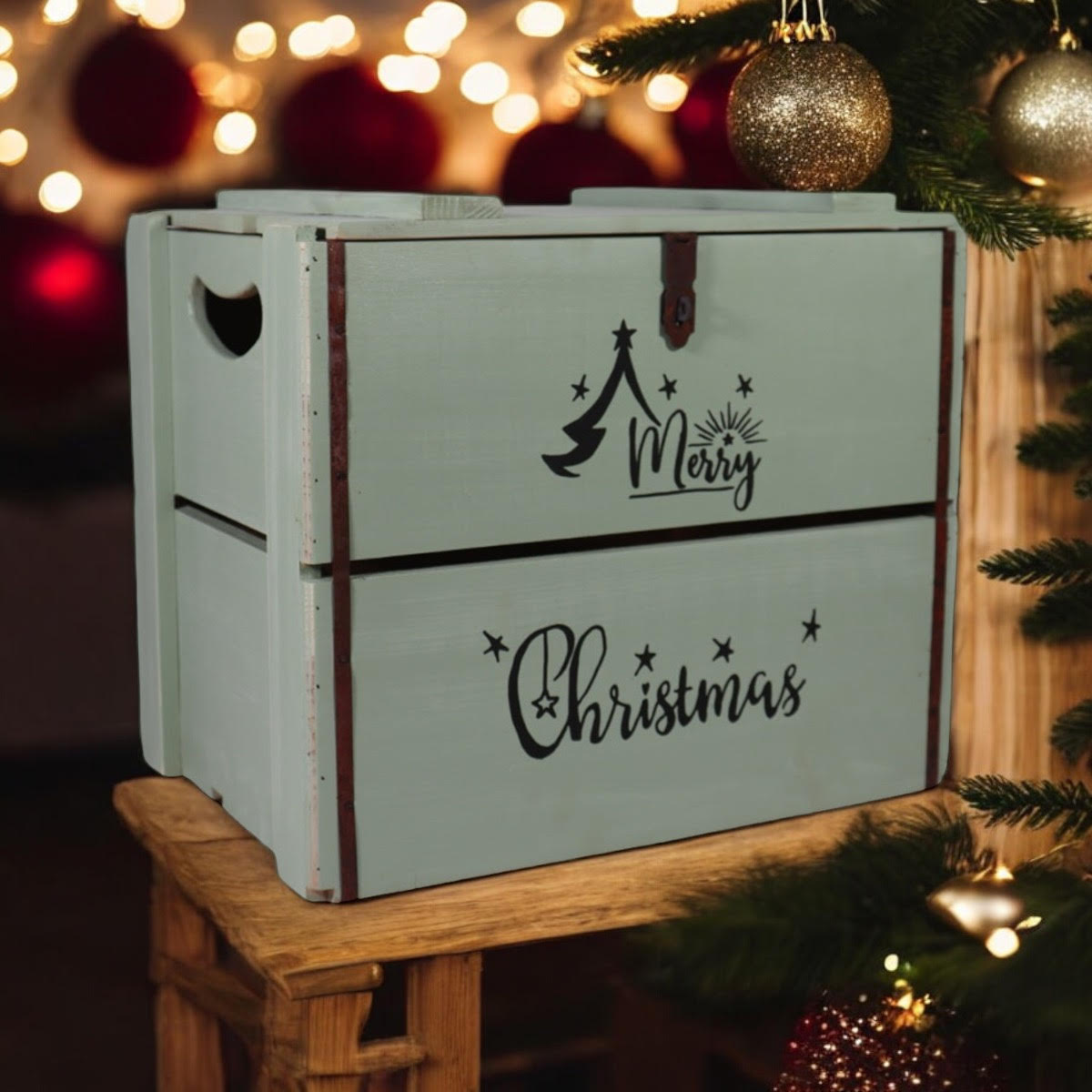 MSL 42cm Rustic Green Wooden Christmas Box with Lift-Up Lid, Hand Finished