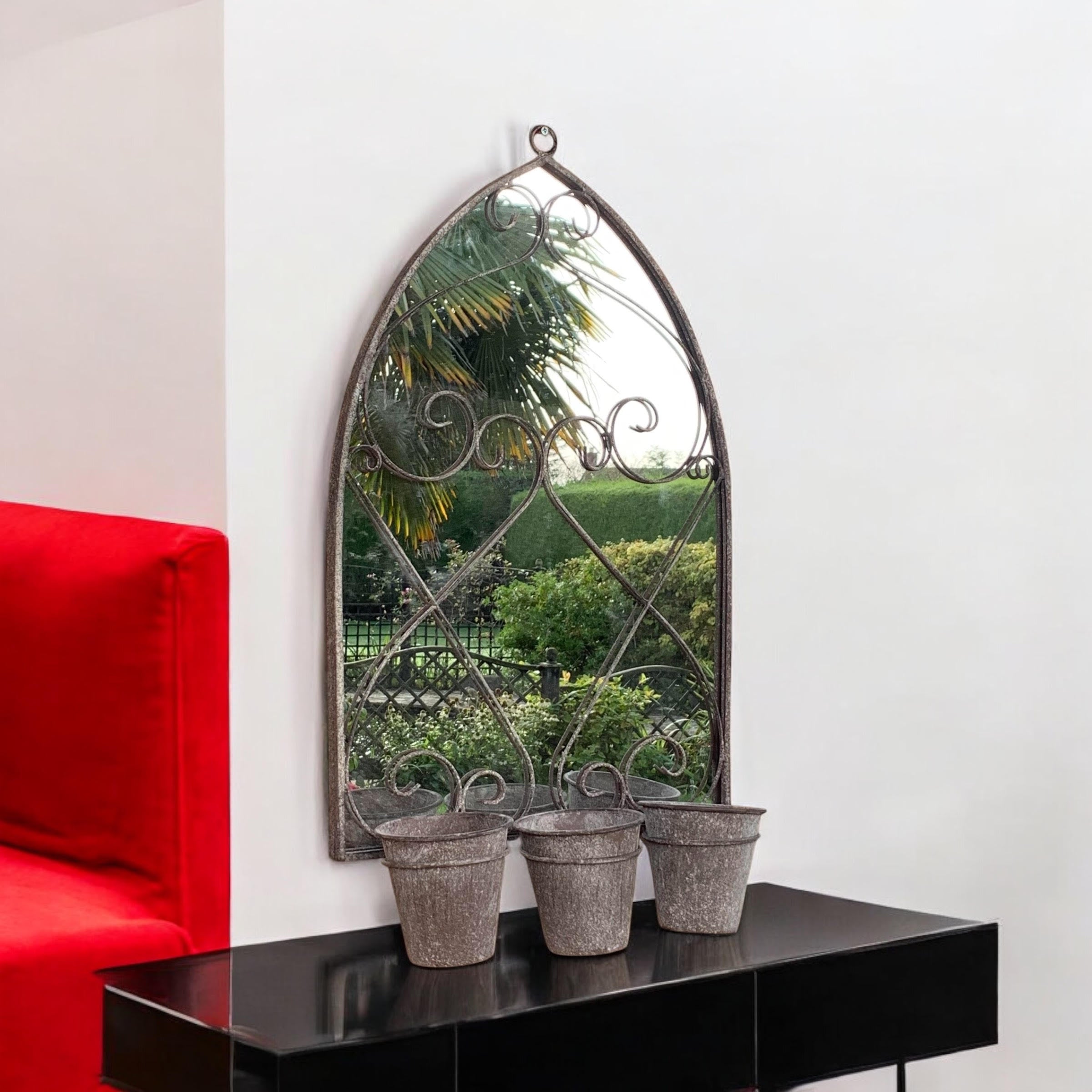 MSL 73cm Rusty Wall Mirror with 3 Planter Holders and Pot