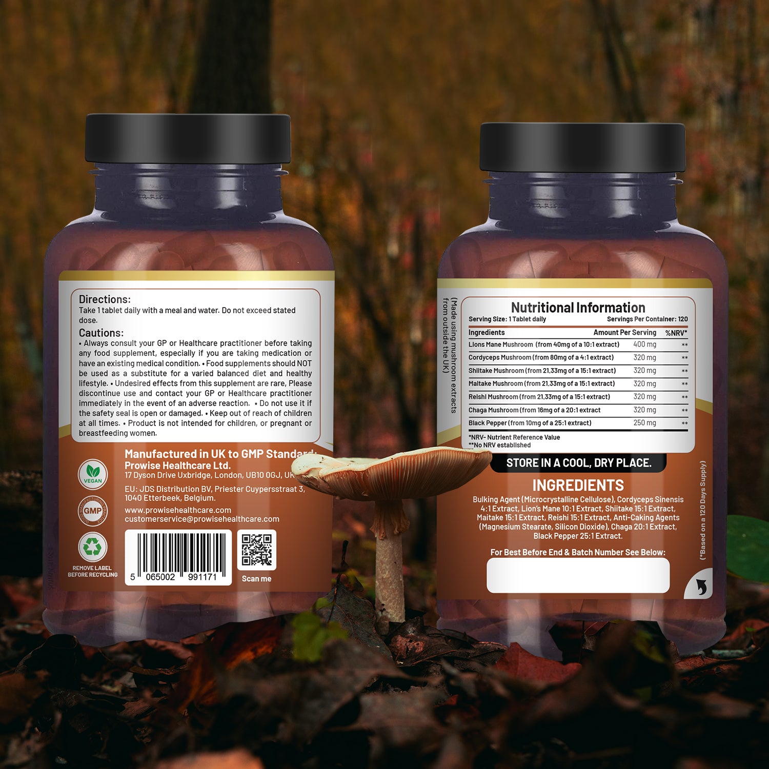 Prowise Healthcare Advanced Mushroom Complex 2000mg, 6 Mushroom Blend with Lion’s Mane, Chaga, Cordyceps, Shiitake, Reishi and Maitake, with Black Pepper, 120 Vegan Tablets, Made in UK
