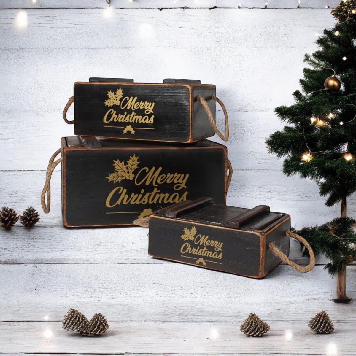 MSL Set of 3 Black Wooden Christmas Boxes with Lids, Hand Finished