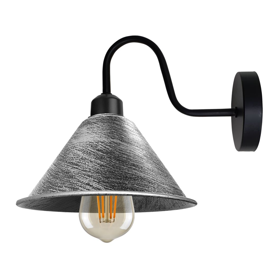 Vintage Brushed Silver Wall Sconce with Black Cone Shade, E27, Dimmable