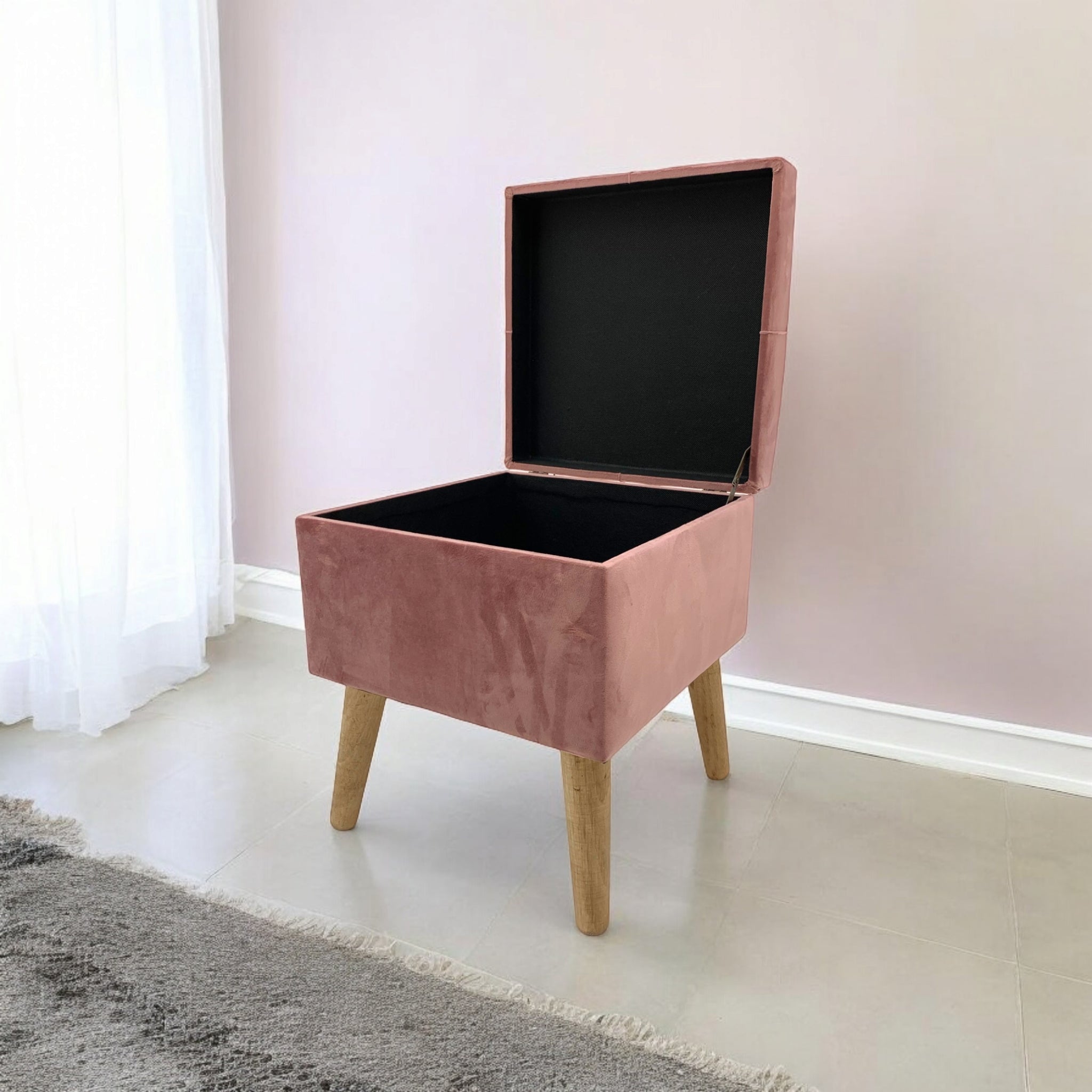 Pink Velvet Storage Trunk Footstool Ottoman with Wooden Legs 33 x 33 x 42 cm