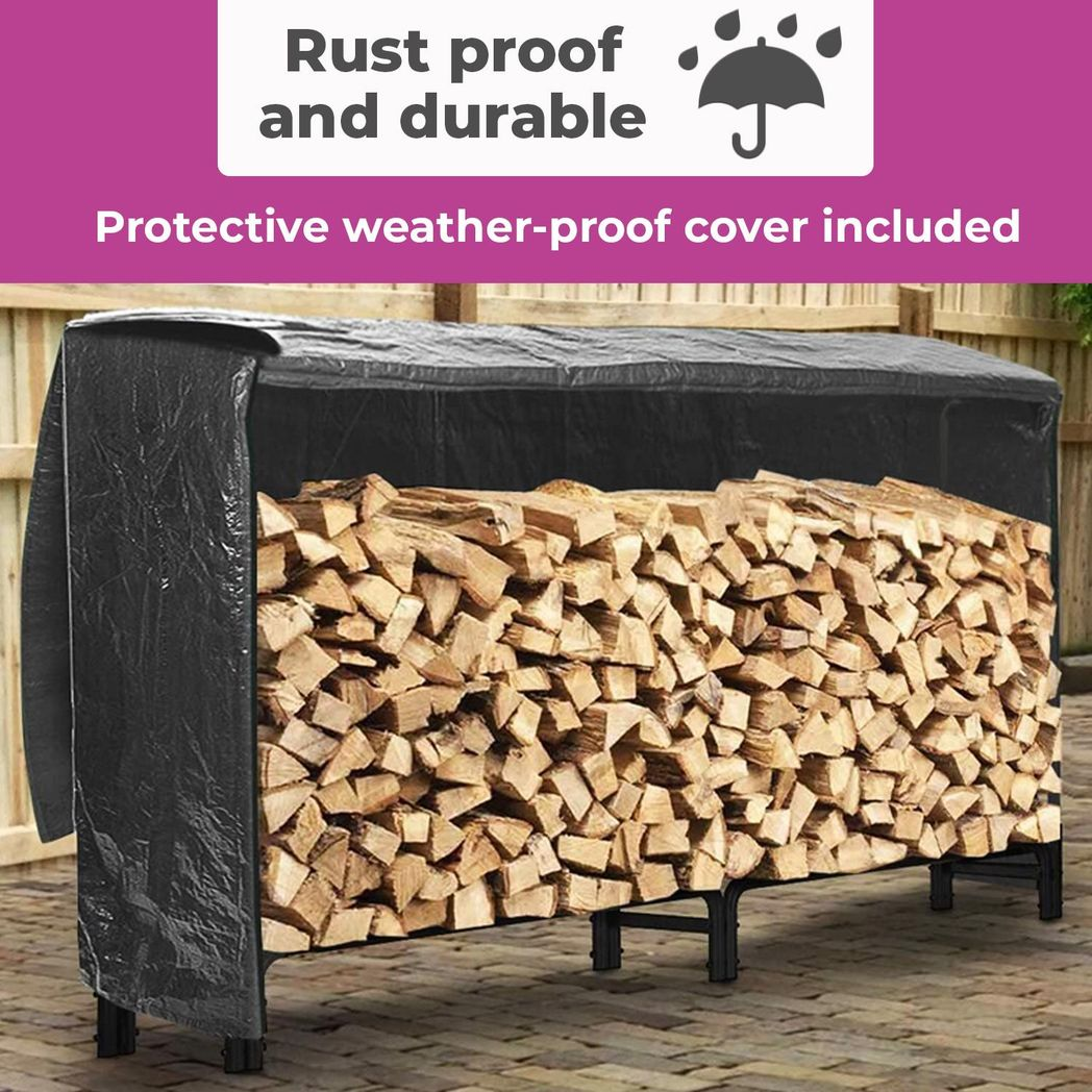 Neo 240cm Outdoor Metal Log Holder Rack with Weather Cover, Black Powder-Coated
