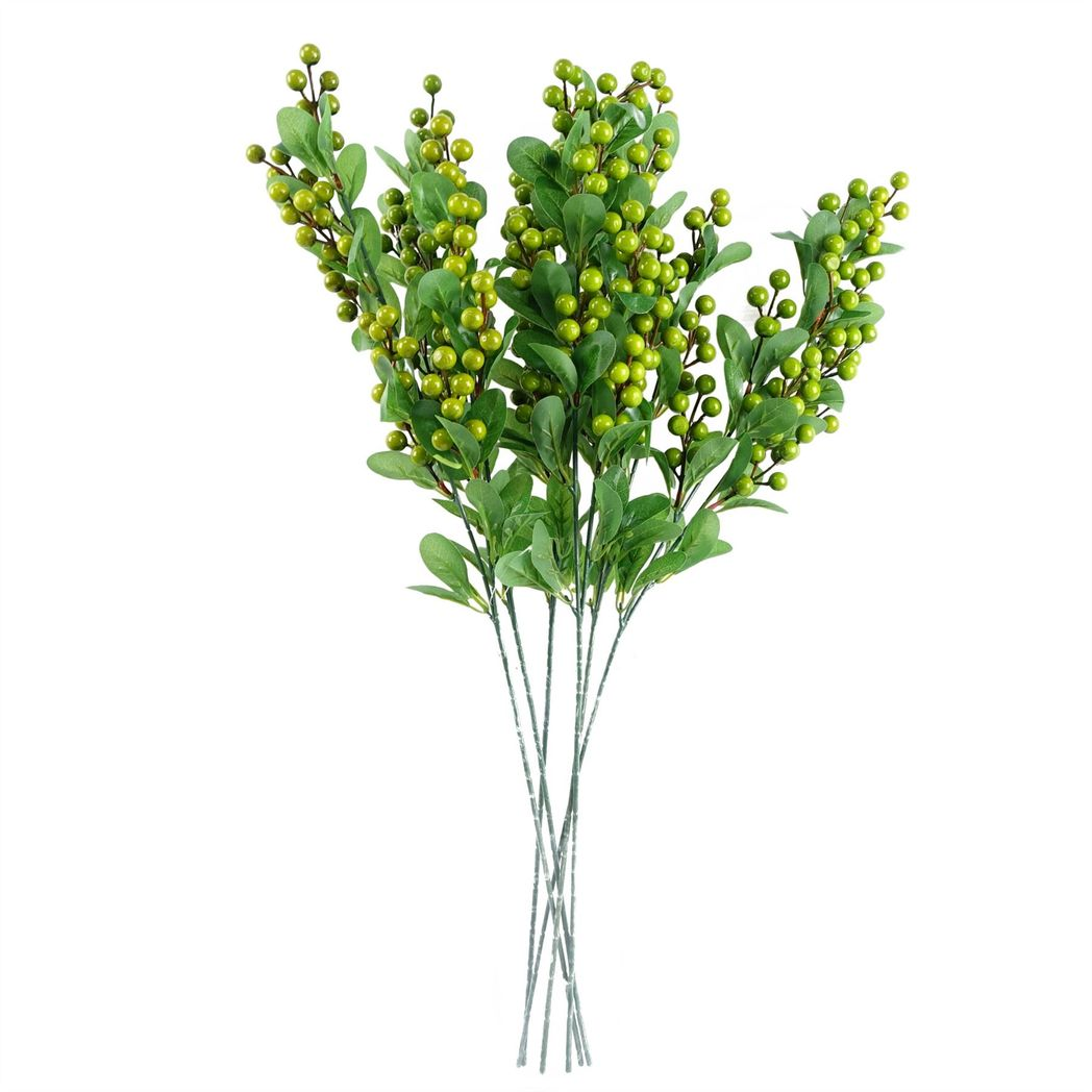 Leaf Pack of 6 Artificial Green Berry Stems with Plastic Leaves 70cm