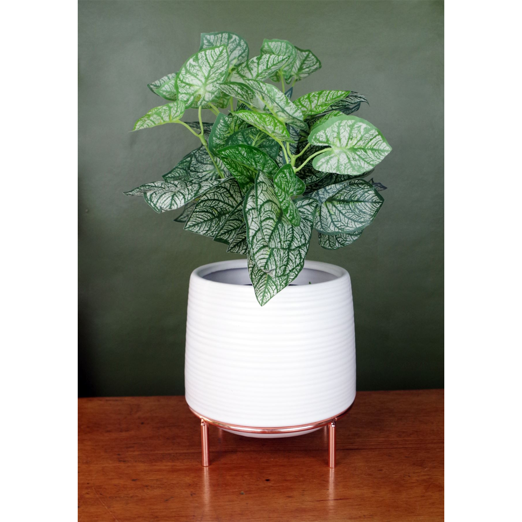 White Ceramic Planter with Metal Stand, 17cm Plant Pot, 18cm Tall
