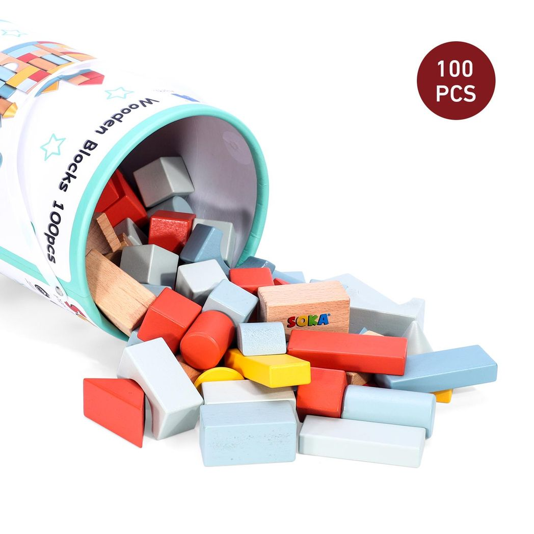 SOKA 100-Piece Wooden Building Blocks Set in Neutral Colours with Storage Tub