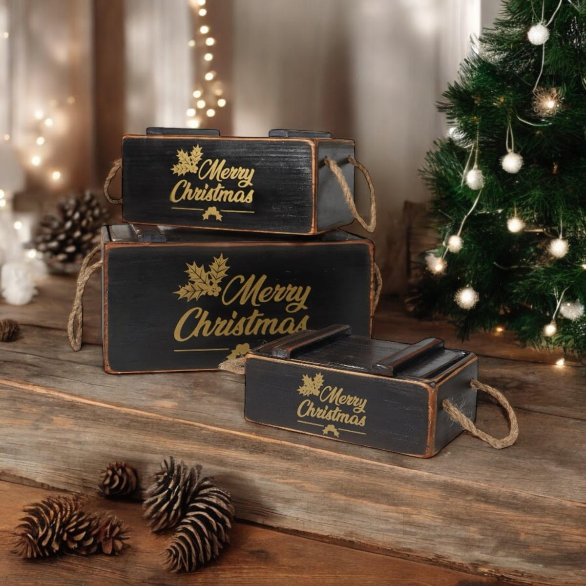 MSL Set of 3 Black Wooden Christmas Boxes with Lids, Hand Finished