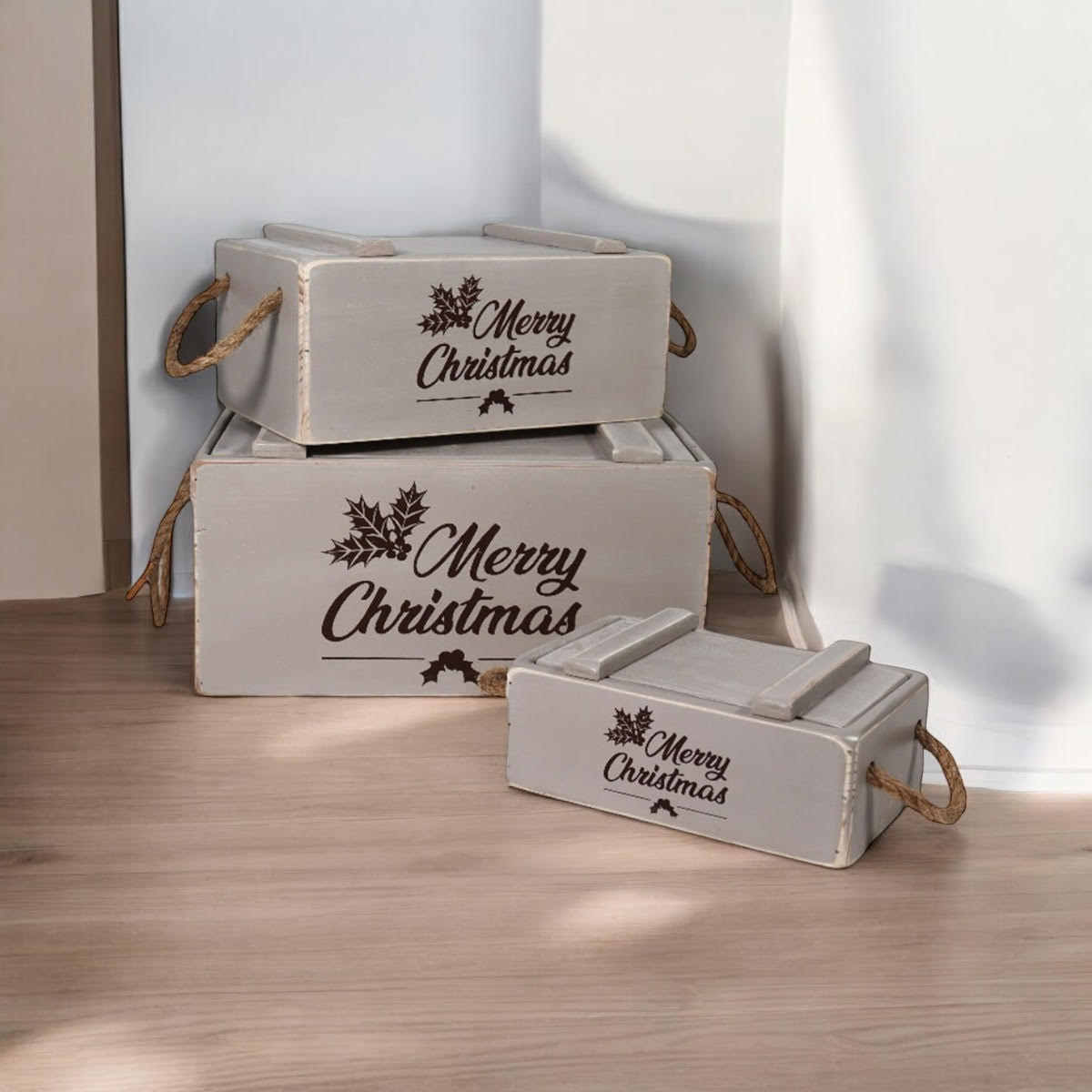 MSL Set of 3 Rustic Grey Wooden Christmas Crates with Lids and Rope Handles, Hand Finished
