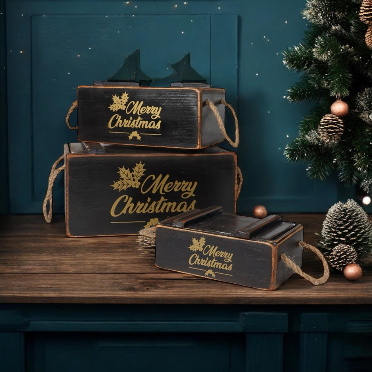 MSL Set of 3 Black Wooden Christmas Boxes with Lids, Hand Finished