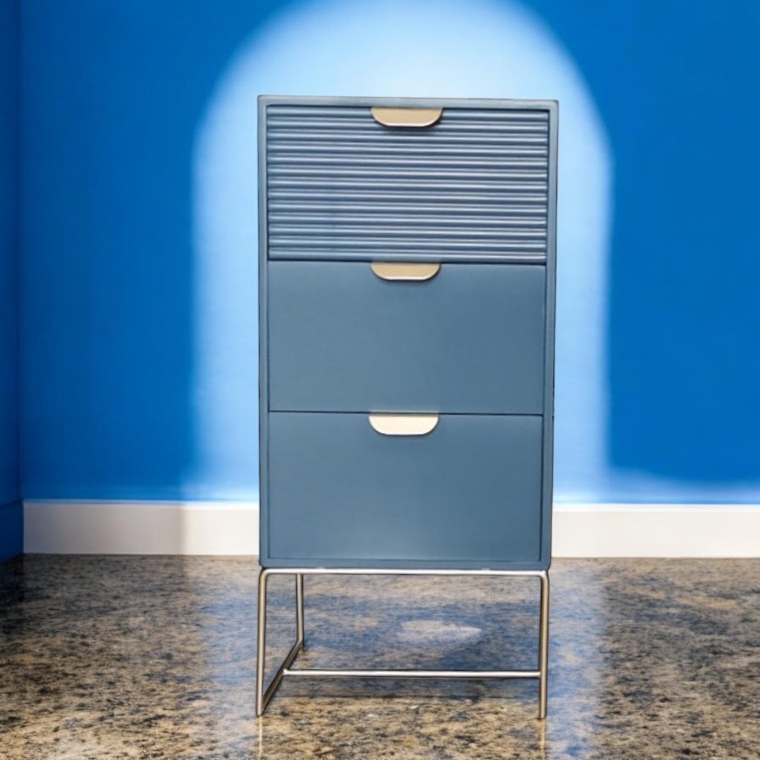 MSL 64cm Blue Wooden 3-Drawer Bedside Table with Scalloped Edge Design