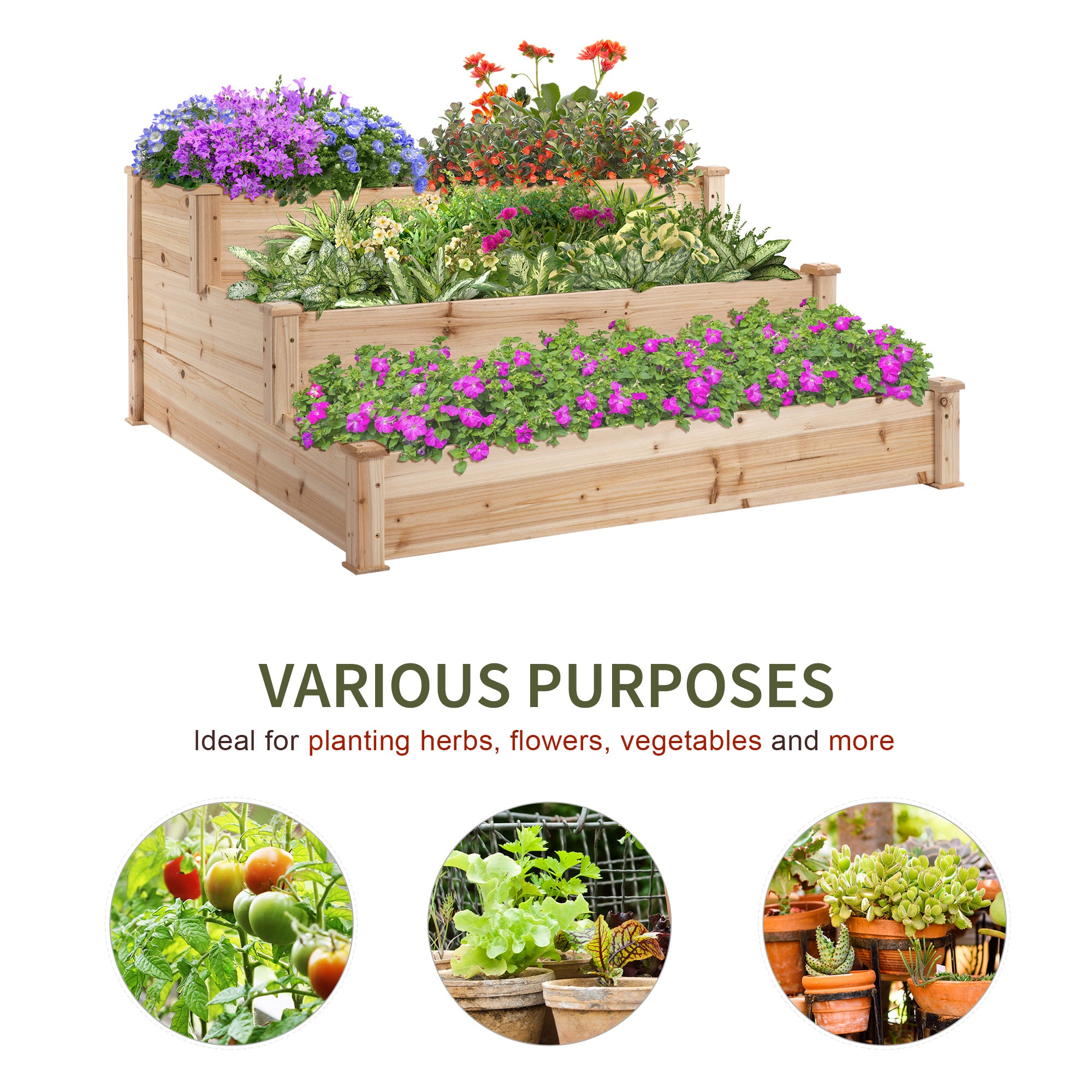 Outsunny Wooden 3-Tier Raised Planter Bed, 124x124x56cm