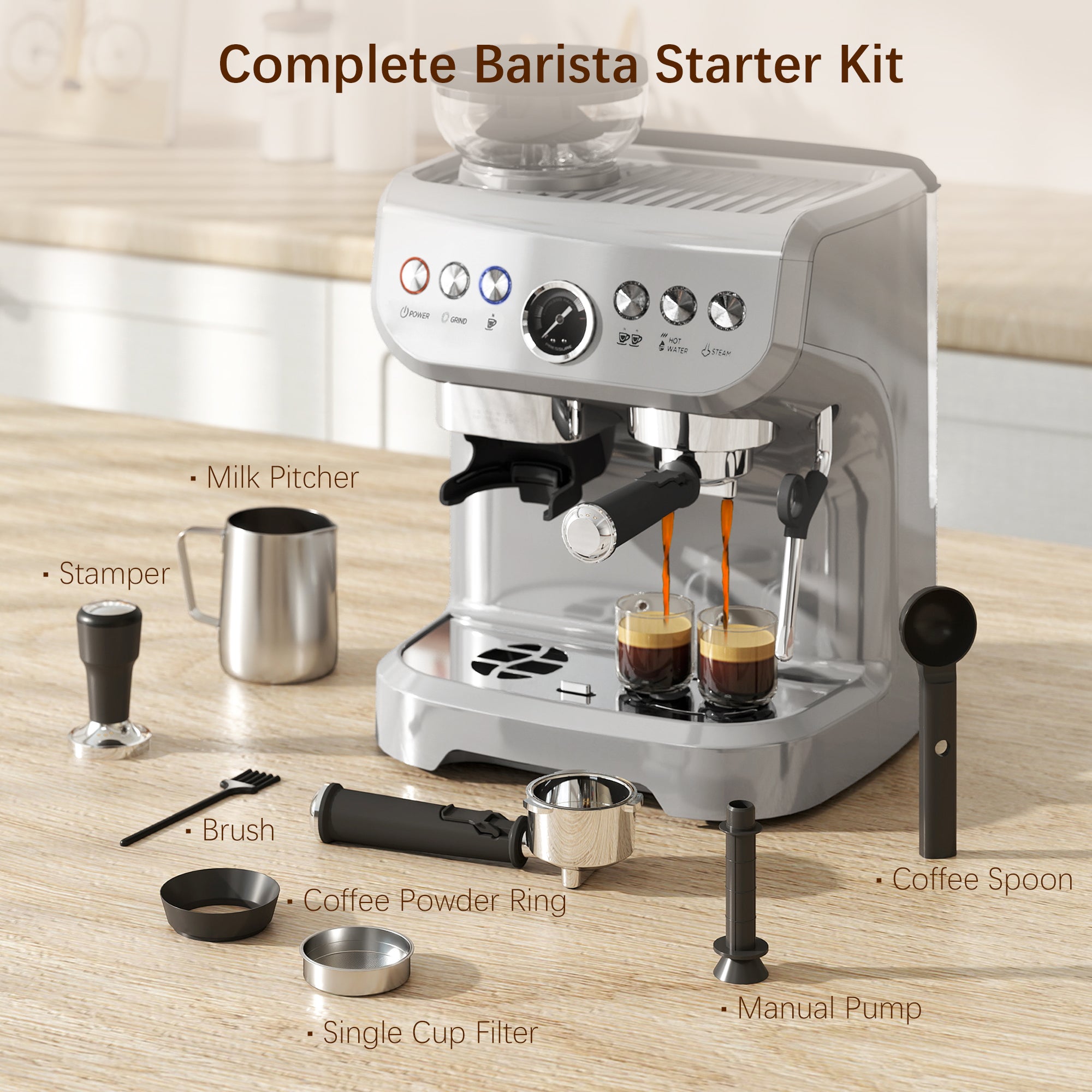 HOMCOM Espresso Machine with Bean Grinder, Steam Wand, 15 Bar, Silver