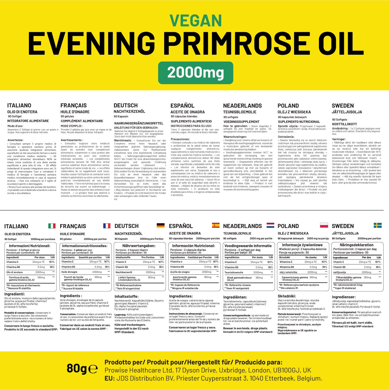 Prowise Healthcare Vegan Evening Primrose Oil 2000mg with Vitamin E & B6, 60 Vegan Softgels, Pure Cold Pressed, 180mg GLA per Capsule, Women's Health