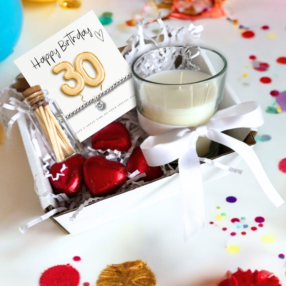30th Birthday Gold Balloons Gift Hamper with Cubic Zirconia Bracelet, Chocolates and Candle