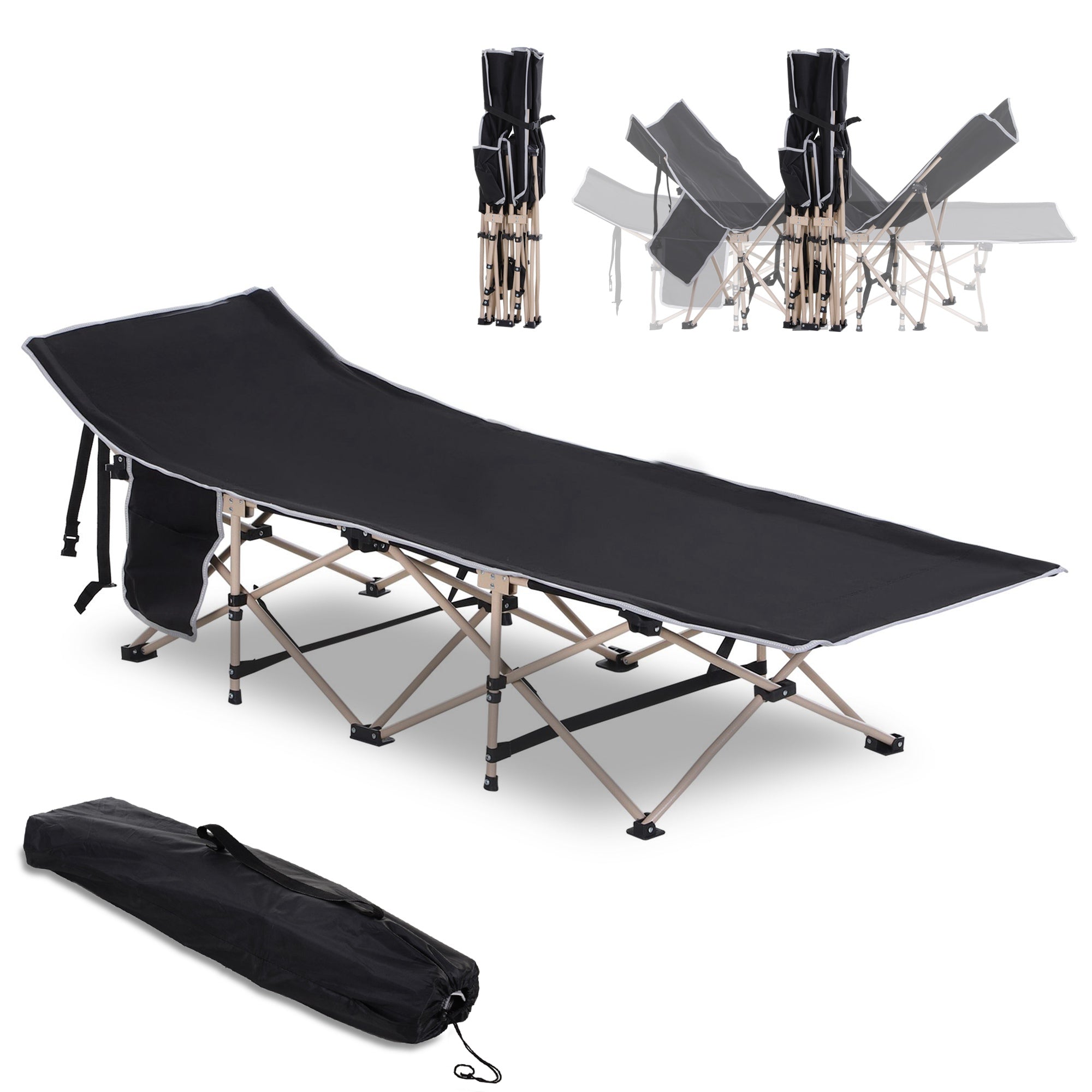 Portable Folding Camping Cot, Black, 150kg Max Load, Carry Bag