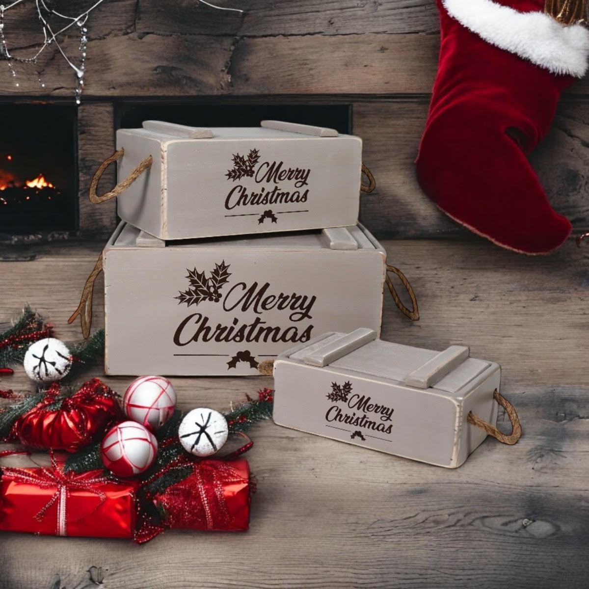 MSL Set of 3 Rustic Grey Wooden Christmas Crates with Lids and Rope Handles, Hand Finished