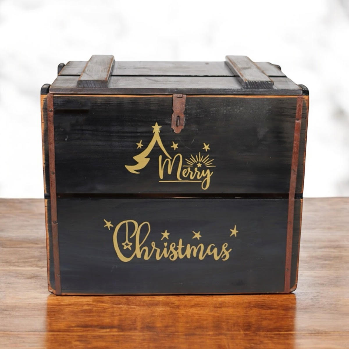 MSL 42cm Black Wooden Christmas Box with Lift-Up Lid, Hand Finished