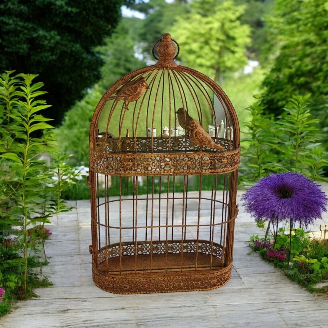 MSL 60cm Rusty Wall Mirror Metal Cage Decorative Garden Accessory