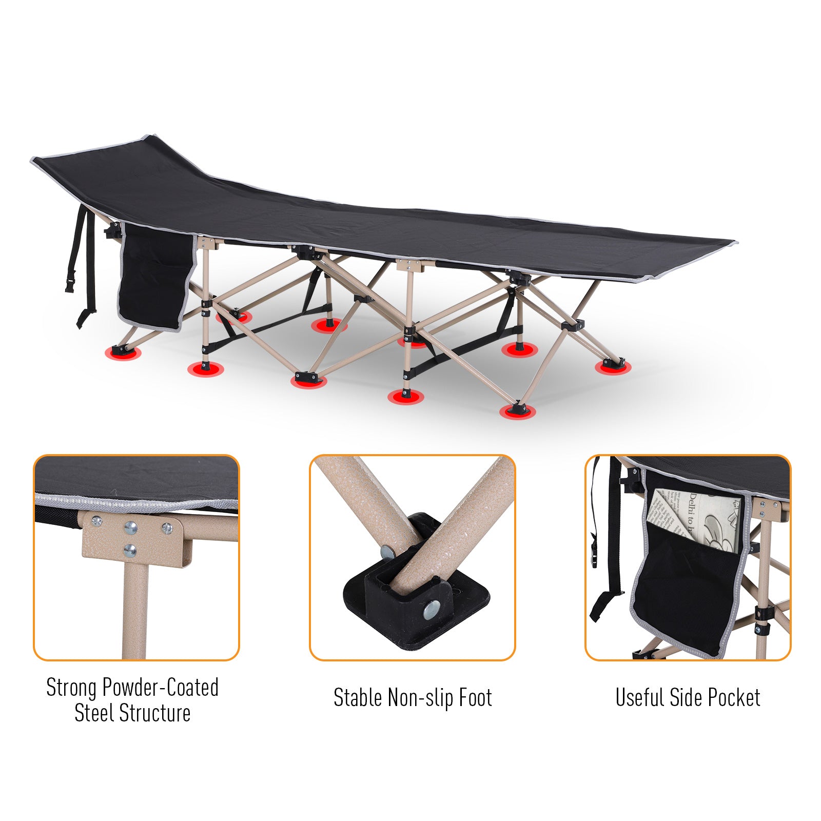 Portable Folding Camping Cot, Black, 150kg Max Load, Carry Bag