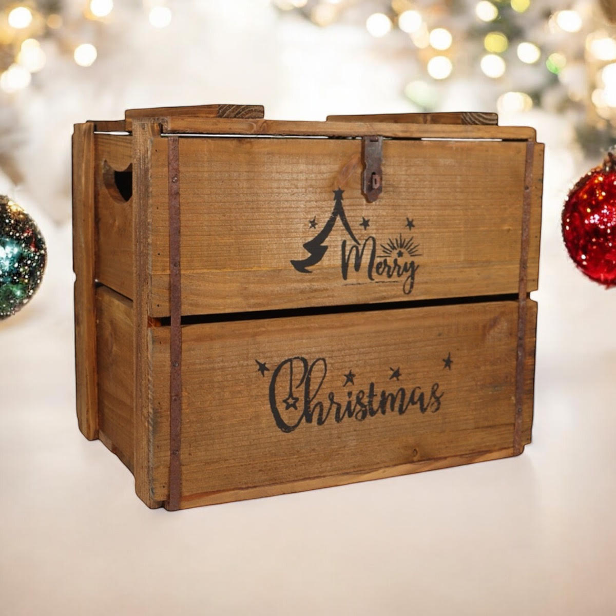 MSL 42CM Wooden Merry Christmas Box with Lift-Up Lid, Hand Finished