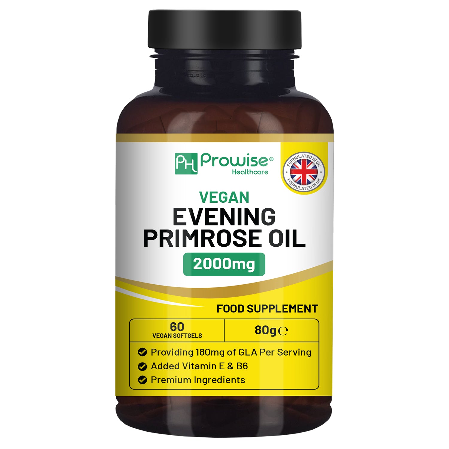 Prowise Healthcare Vegan Evening Primrose Oil 2000mg with Vitamin E & B6, 60 Vegan Softgels, Pure Cold Pressed, 180mg GLA per Capsule, Women's Health