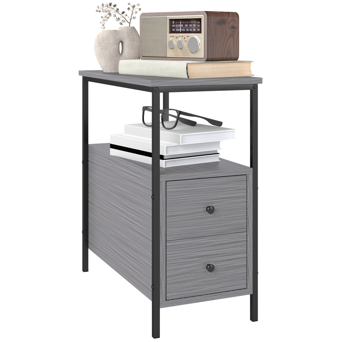 HOMCOM Narrow End Table with 2 Drawers and Storage Shelf, Grey