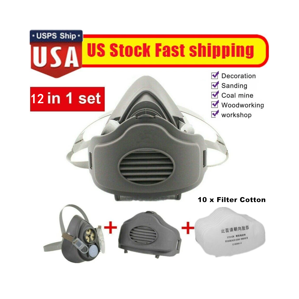 （2Pack）Reusable Half Face Cover Respirator Dust Mask for Woodworking Painting Welding(US Logistics only For USPS.TK/TMEU only For self-pickup)