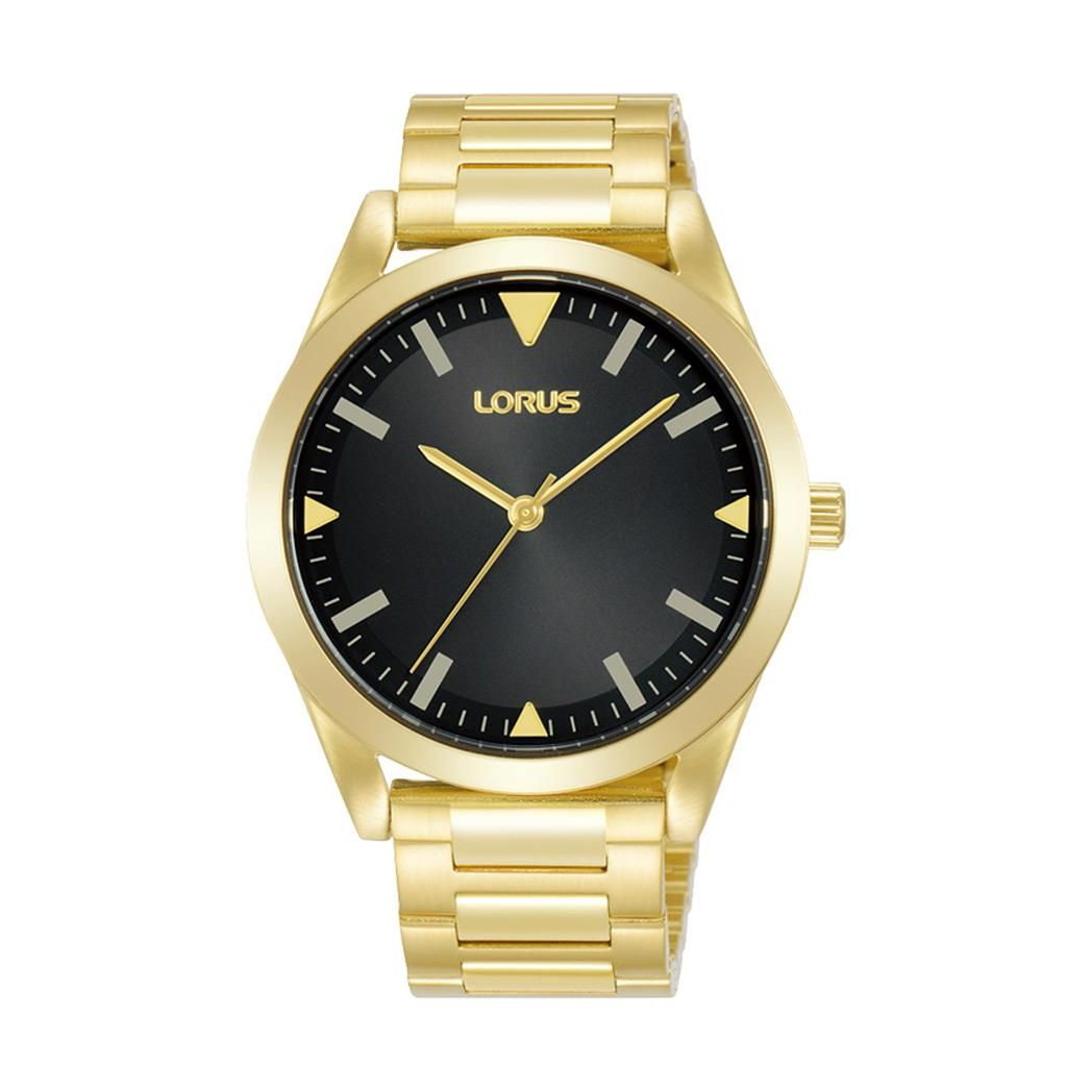 Lorus Mens Black Dial Gold Plated Stainless steel Bracelet Watch RG292UX9
