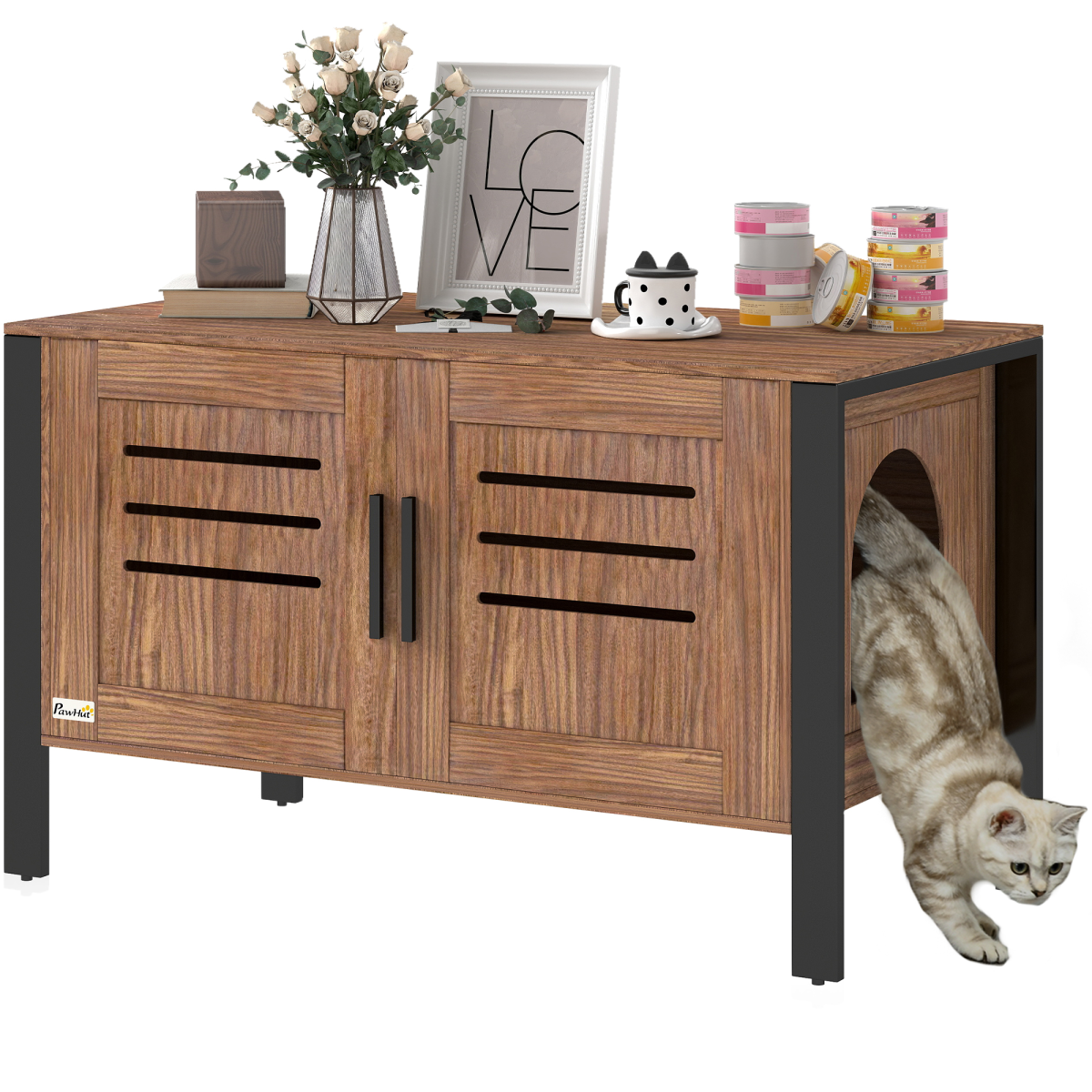 PawHut Cat Litter Box Enclosure with Scratching Board, Dark Brown