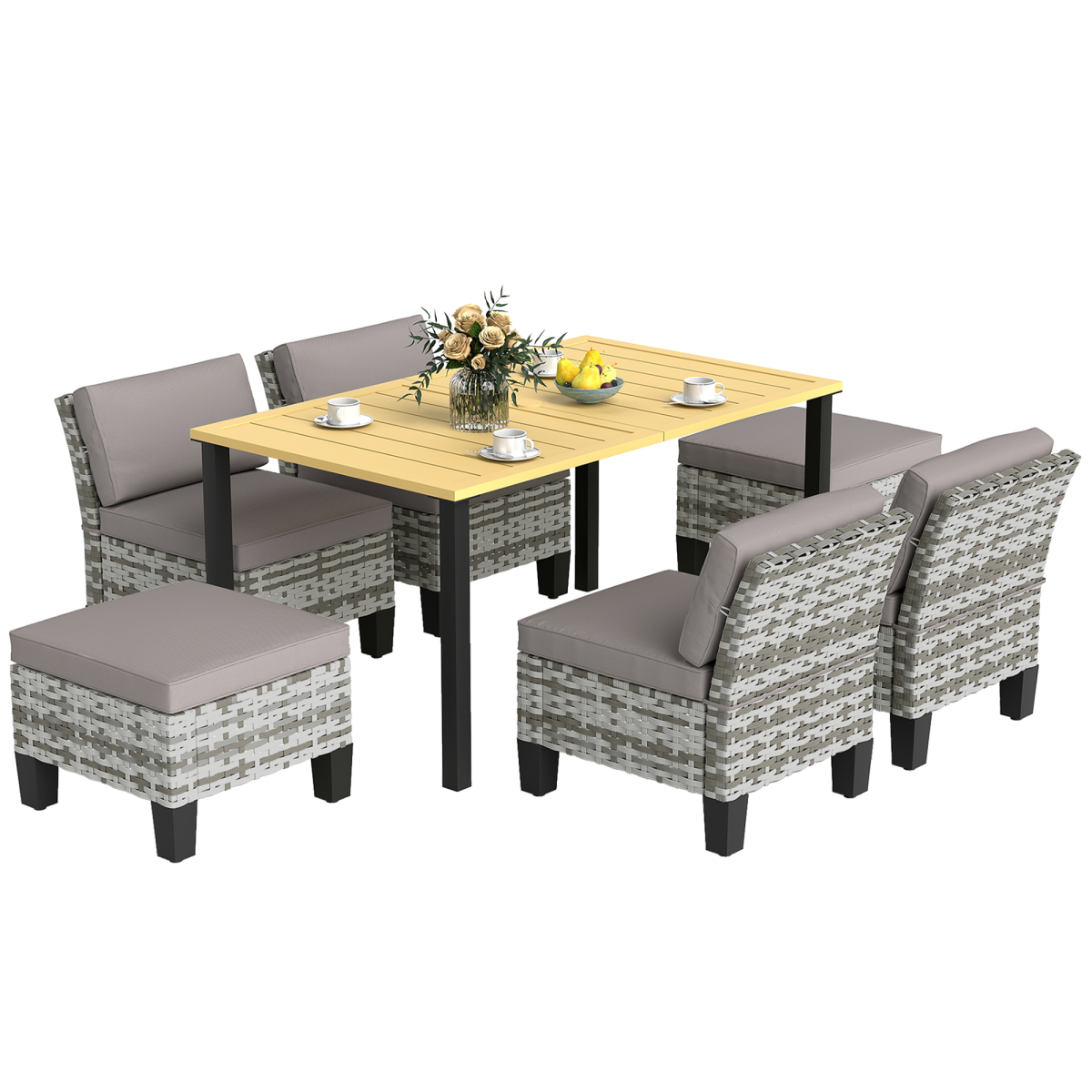 Outsunny 7-Piece Grey Rattan Garden Dining Set, Cushions Included